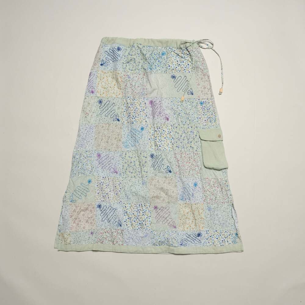 Vintage Y2K Green Floral Patchwork Cotton Midi Skirt with Cargo Pocket Size S